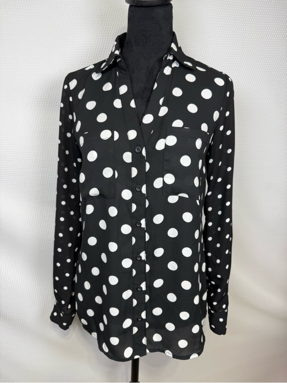 My Michelle Black & White Polka Dot Button-Up Size Small Blouse Collared V-Neck